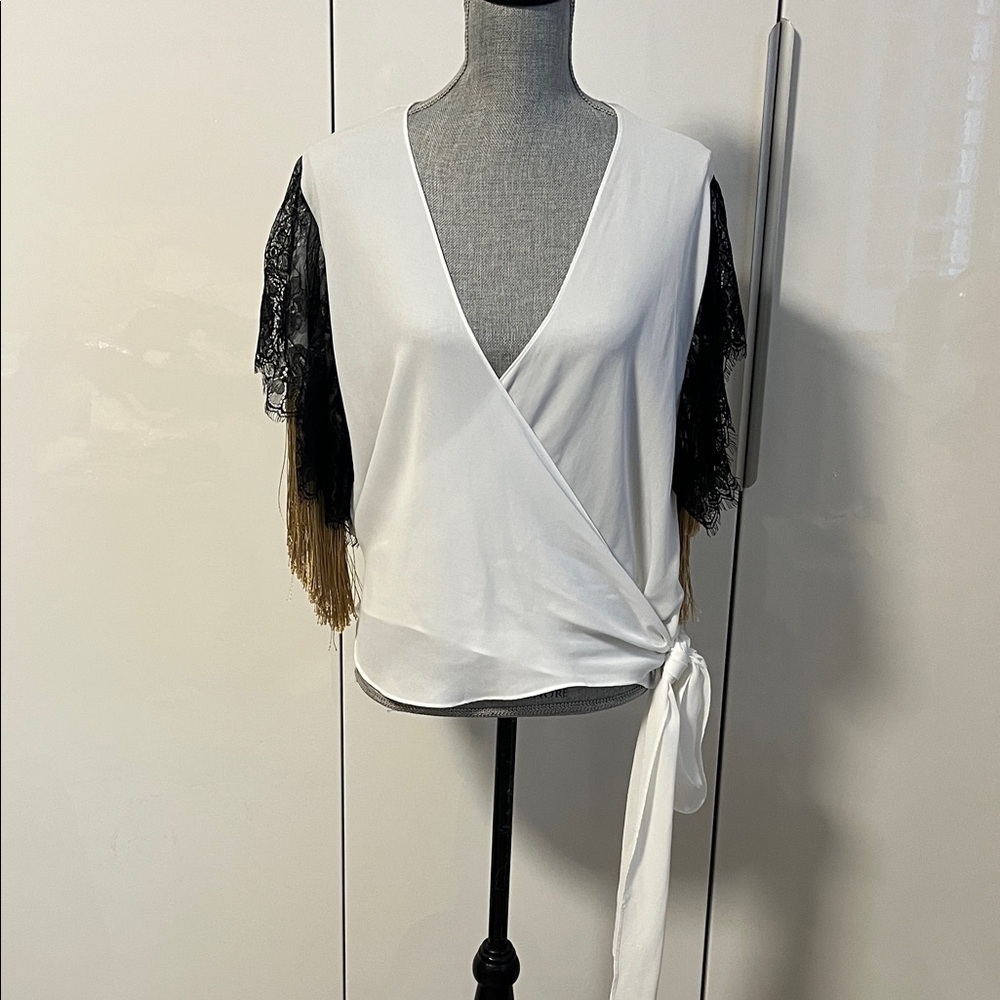 Elegant Short Sleeve White Wrap Blouse Black Lace Gold Tassel, Size L